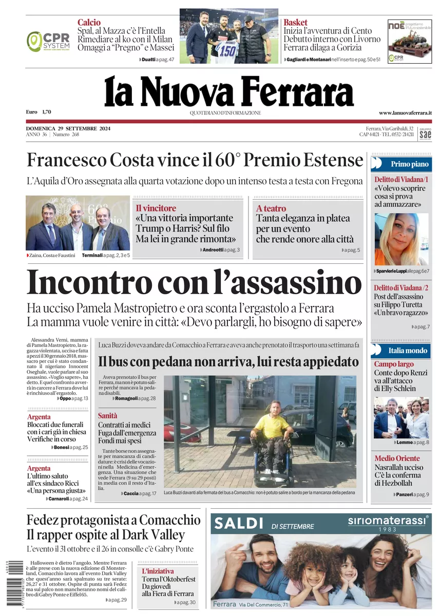 Prima-pagina-nuova ferrara-oggi-edizione-del-2024-09-29